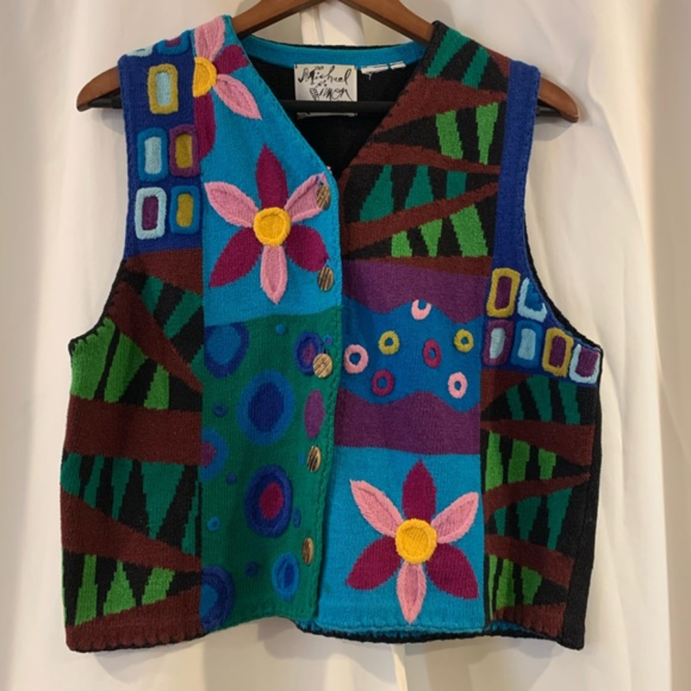 Michael Simon New York Embroidered Vest Bright Colors Flowers Circles